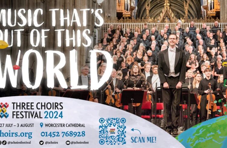 An advert for Three Choirs Festival featuring an image of a choir performing in a Cathedral