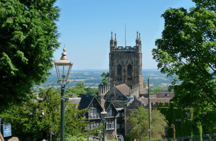 Gas Lamp and view of Great Malvern Priory