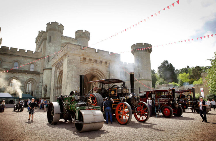 3 steam engines outside Eastnor Castle main entrance