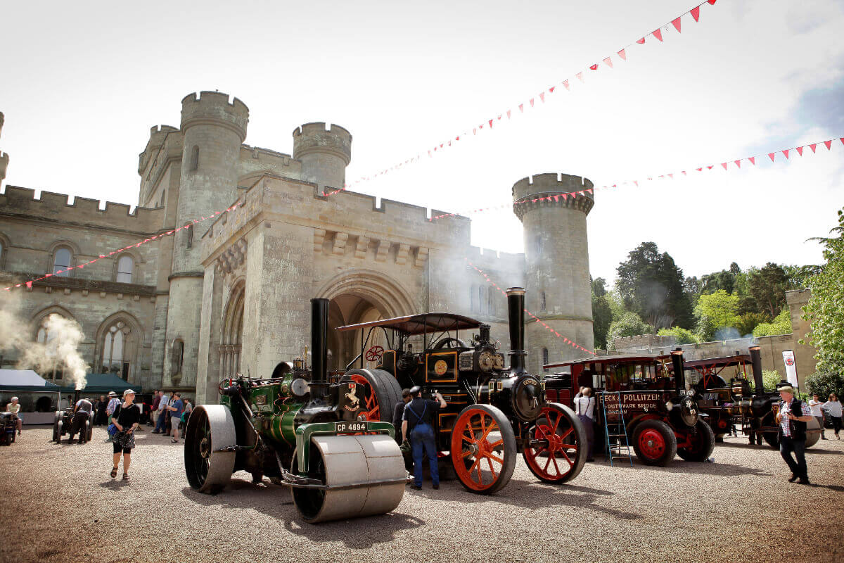 3 steam engines outside Eastnor Castle main entrance