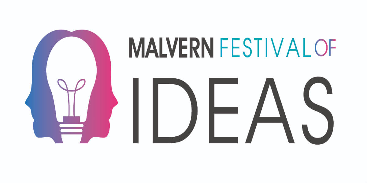 Malvern Festival of Ideas Logo. Two faces around a lightbulb. One face is blue, the other is pink.