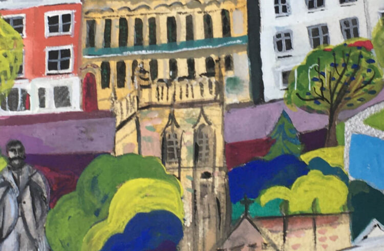 Colourful painting by Kate Wrigglesworth depicting the Priory, building in Great Malvern and Elgar statue.