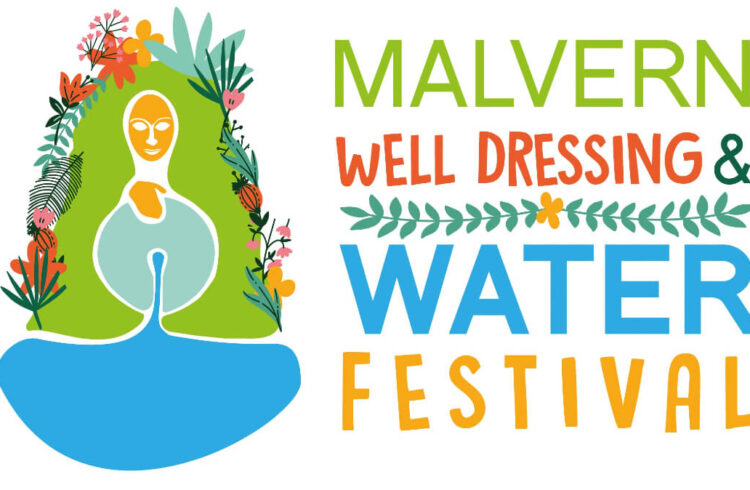 Malvern Well Dressing Logo, a green and blue drawing of the fountain, Malvhina, decorated with flowers