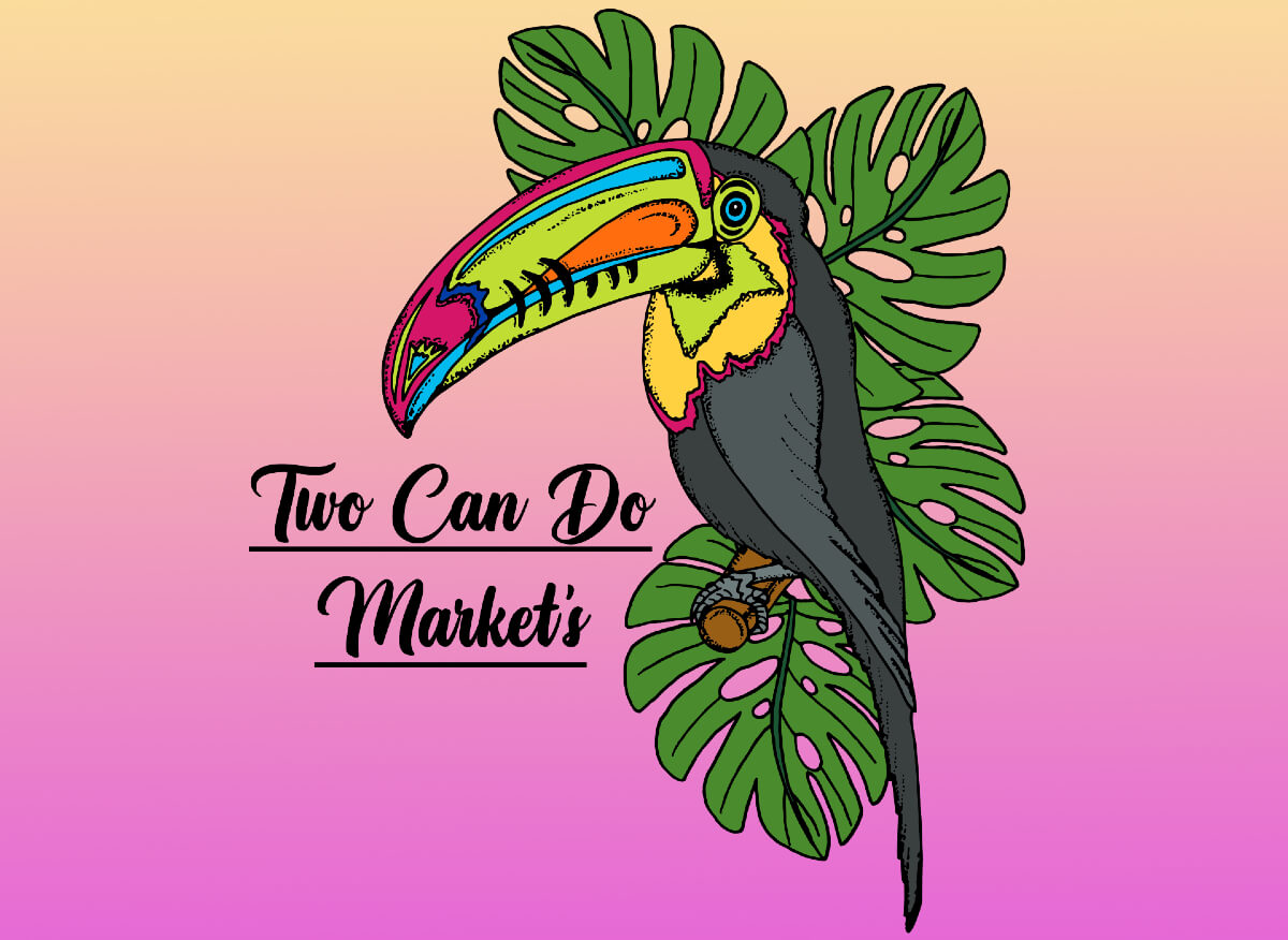 A toucan with leaves on a pink and orange background