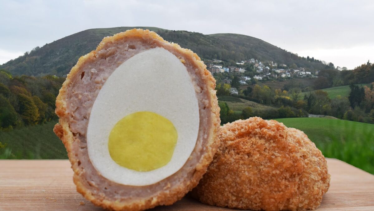 Veg Life Scotch Egg with Malvern Hills in background