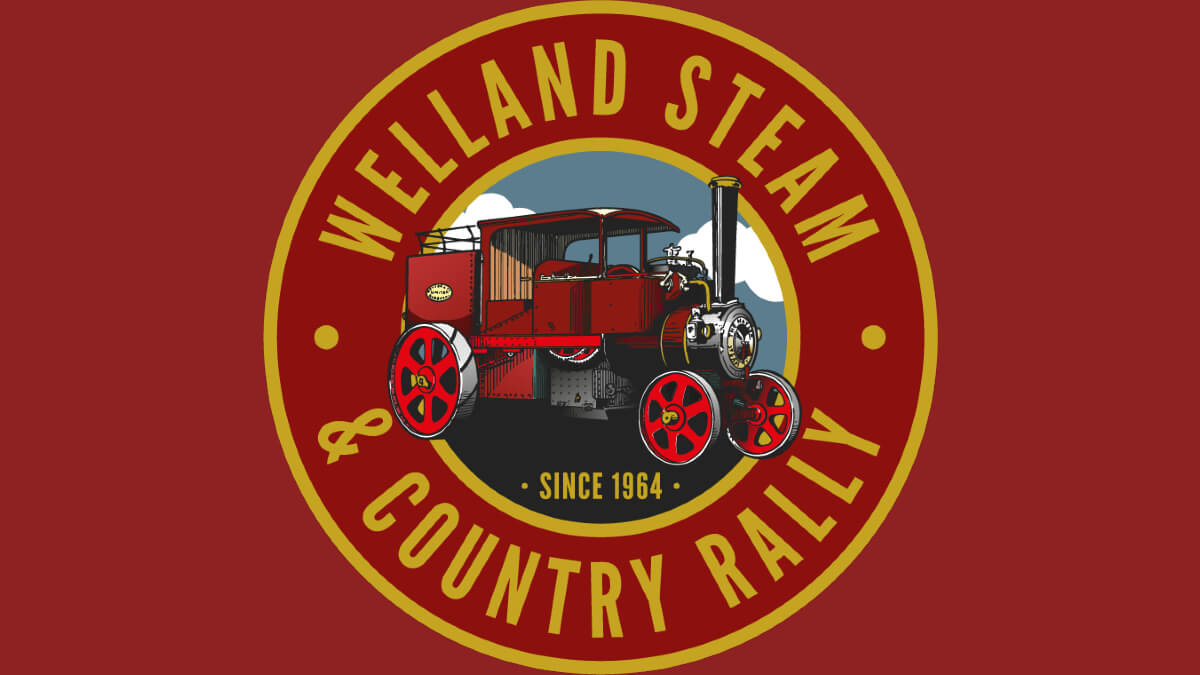 Welland Steam Rally Logo. Red and gold circle wit steam engine in the middle