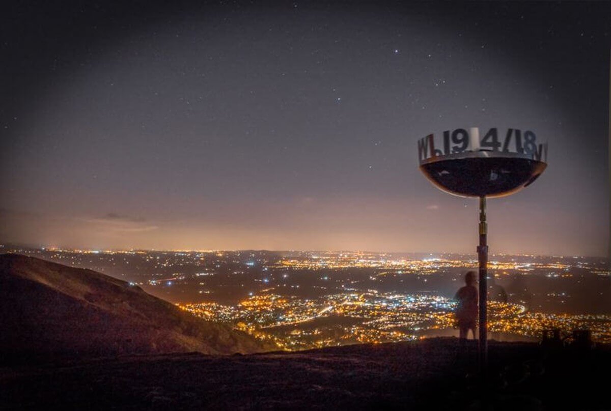 A view of a town from a hill at night