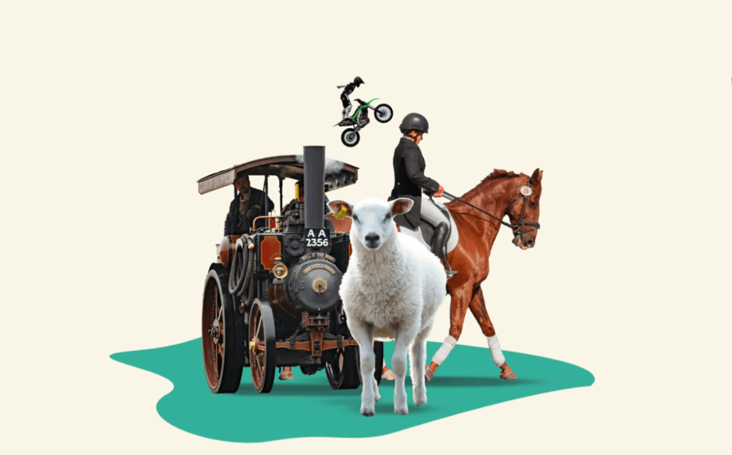 Tenbury Countryside show logo, image of sheep, a steam engine, a BMX and jockey on a horse