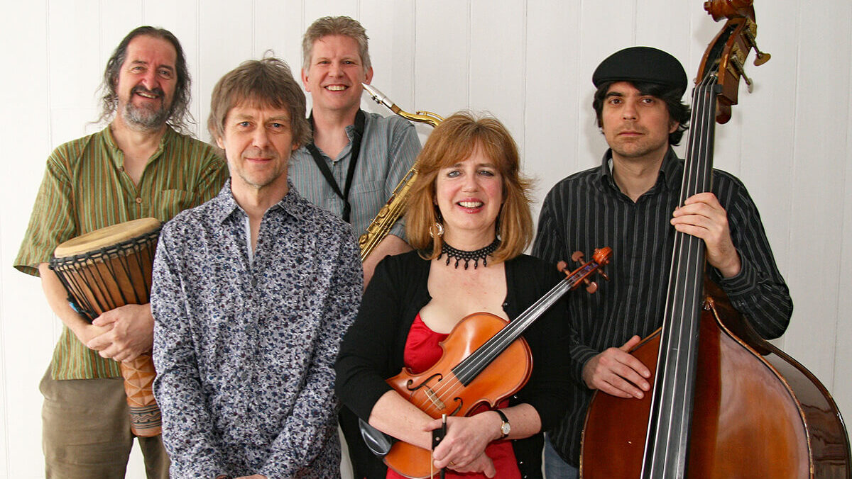 Members of Flatword, 4 men and 1 woman and their instruments