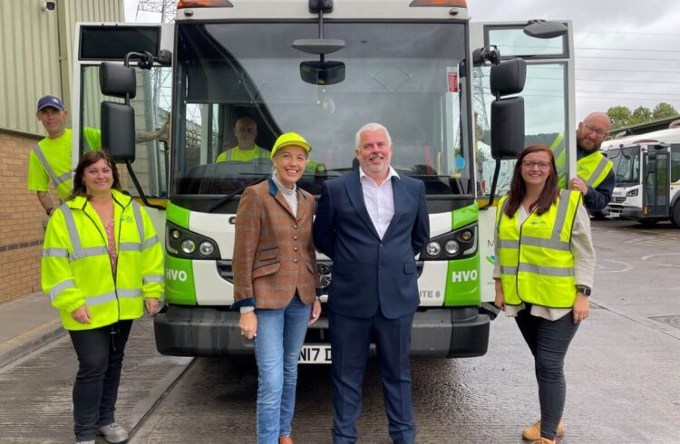 Cllr Beverley Nielsen, Portfolio Holder for Environmental Services, and Alex Bill, Operations Manager, with the Malvern Hills District Council waste team.