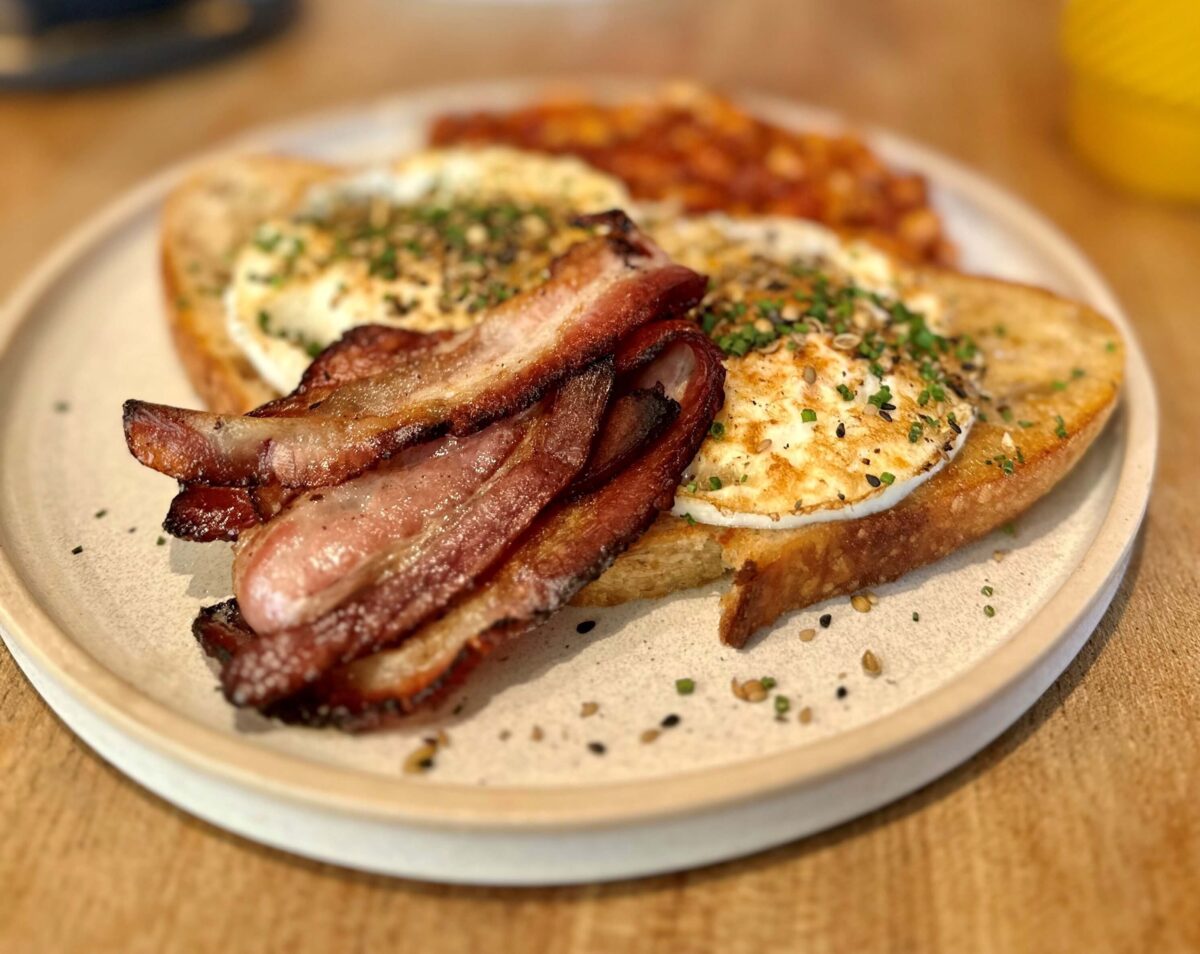 Bacon, eggs and beans on sourdough toast