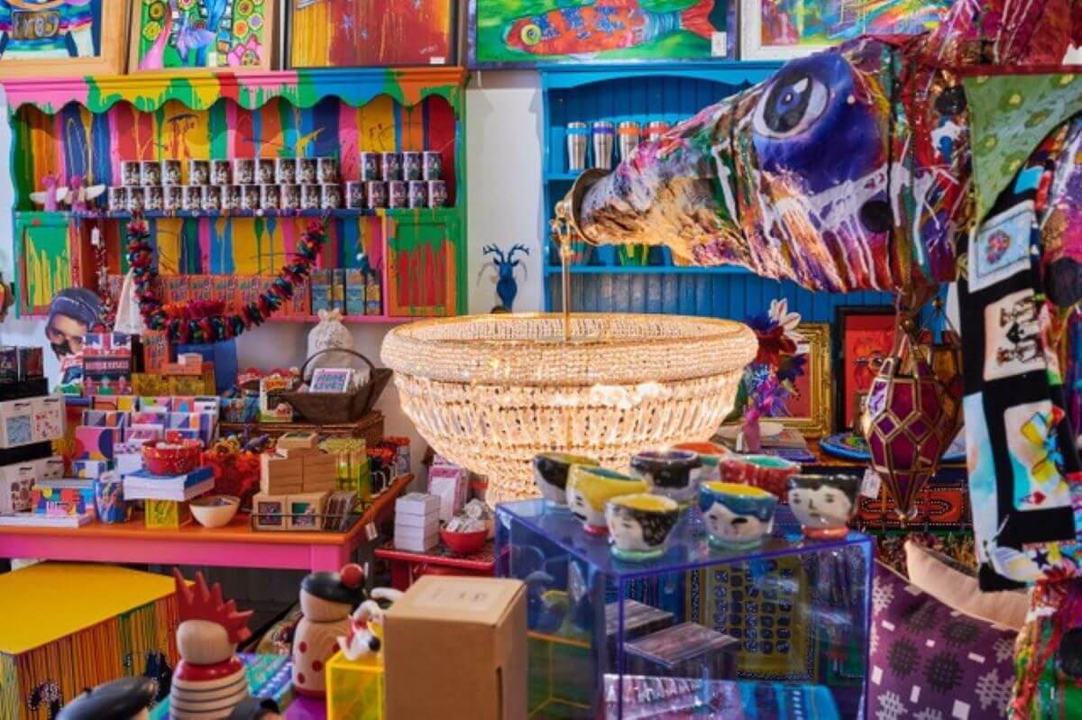 Brightly multicoloured shop interior with a large chandelier