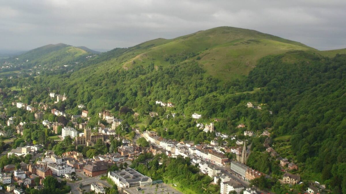 Aerial view of Great Malvern and the Malvern Hills