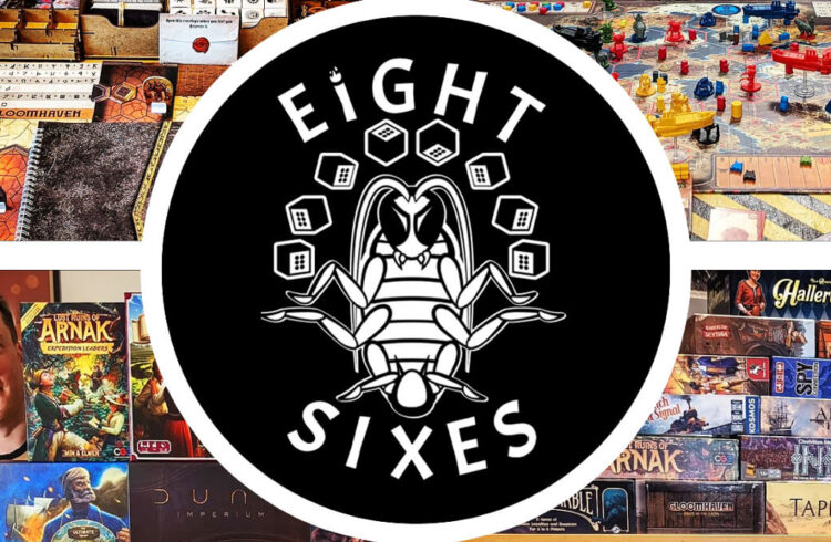 Logo of Eight Sixes - a termite juggling 8 dice