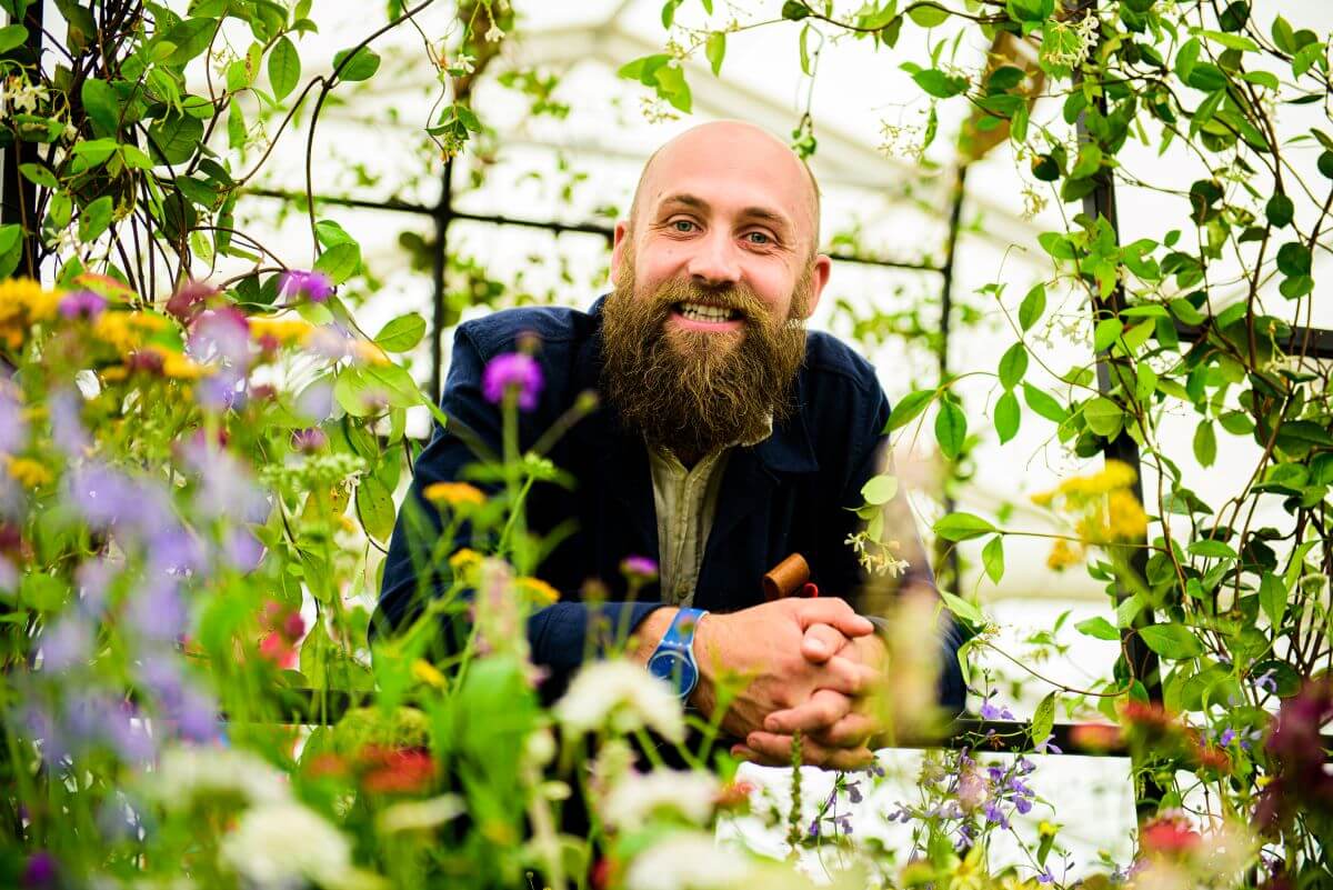 a person surrounded by plants in a greenhouse