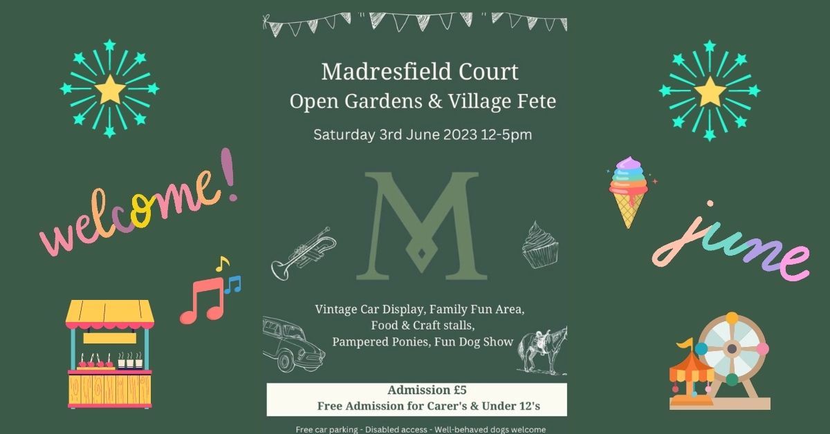 A green graphic advertising the Madresfield Family Fete