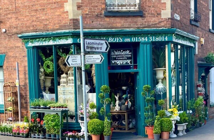 Green painted shop front with lots of plants outside