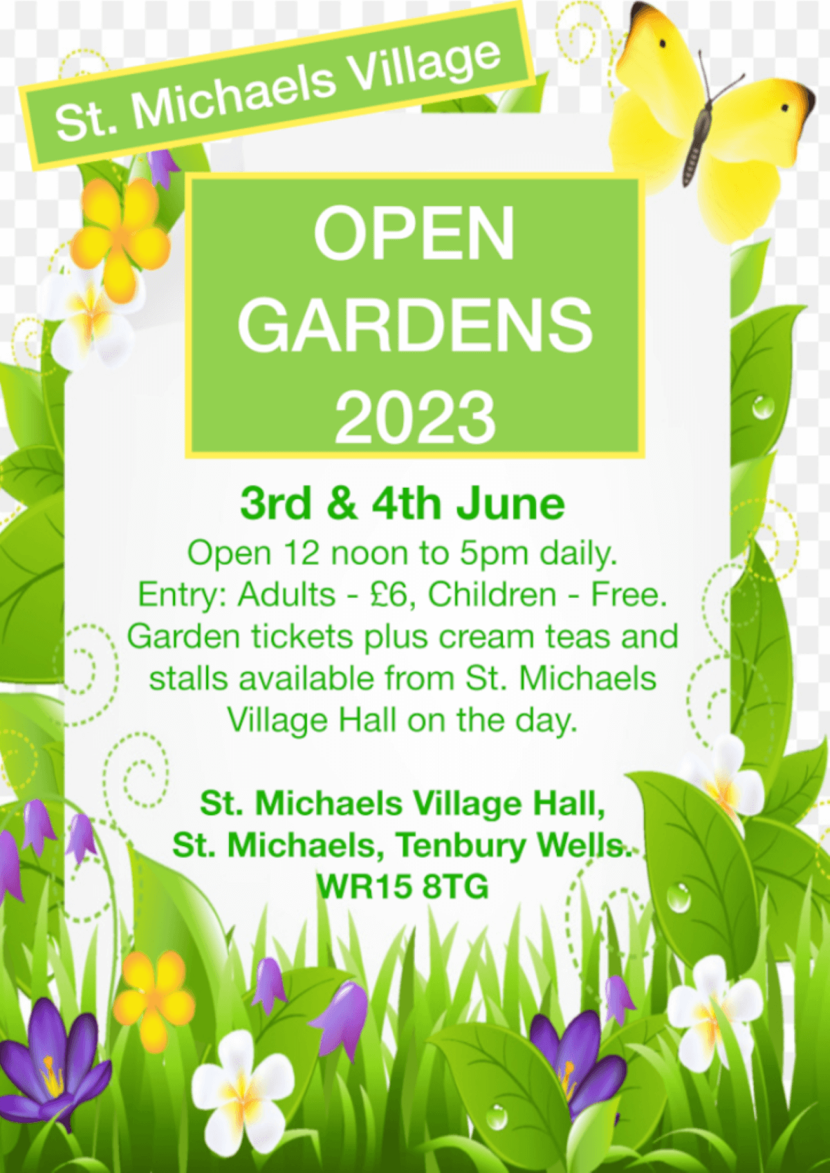 Poster for open gardens with crocuses, grass and yellow butterflies