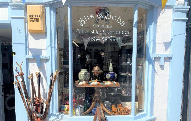 Blue and white antiques shop front