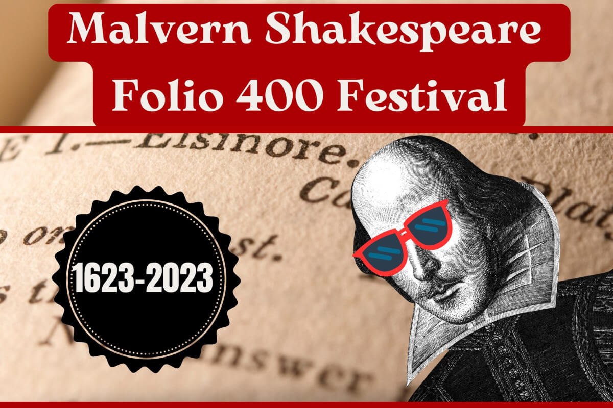 Graphic poster with a page of a book in the background and a drawing of Shakespeare wearing sunglasses