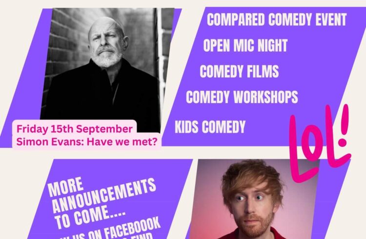 Comedy poster with bright pink, purple and green writing