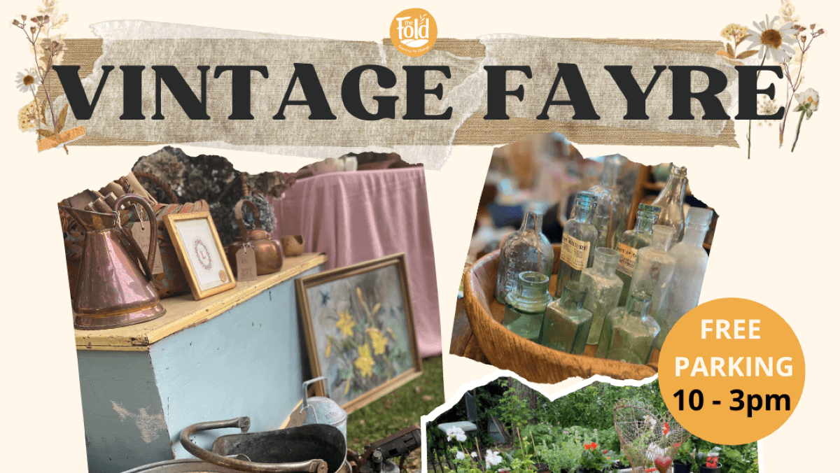 A poster for the vintage fair with images of vintage and antique stalls