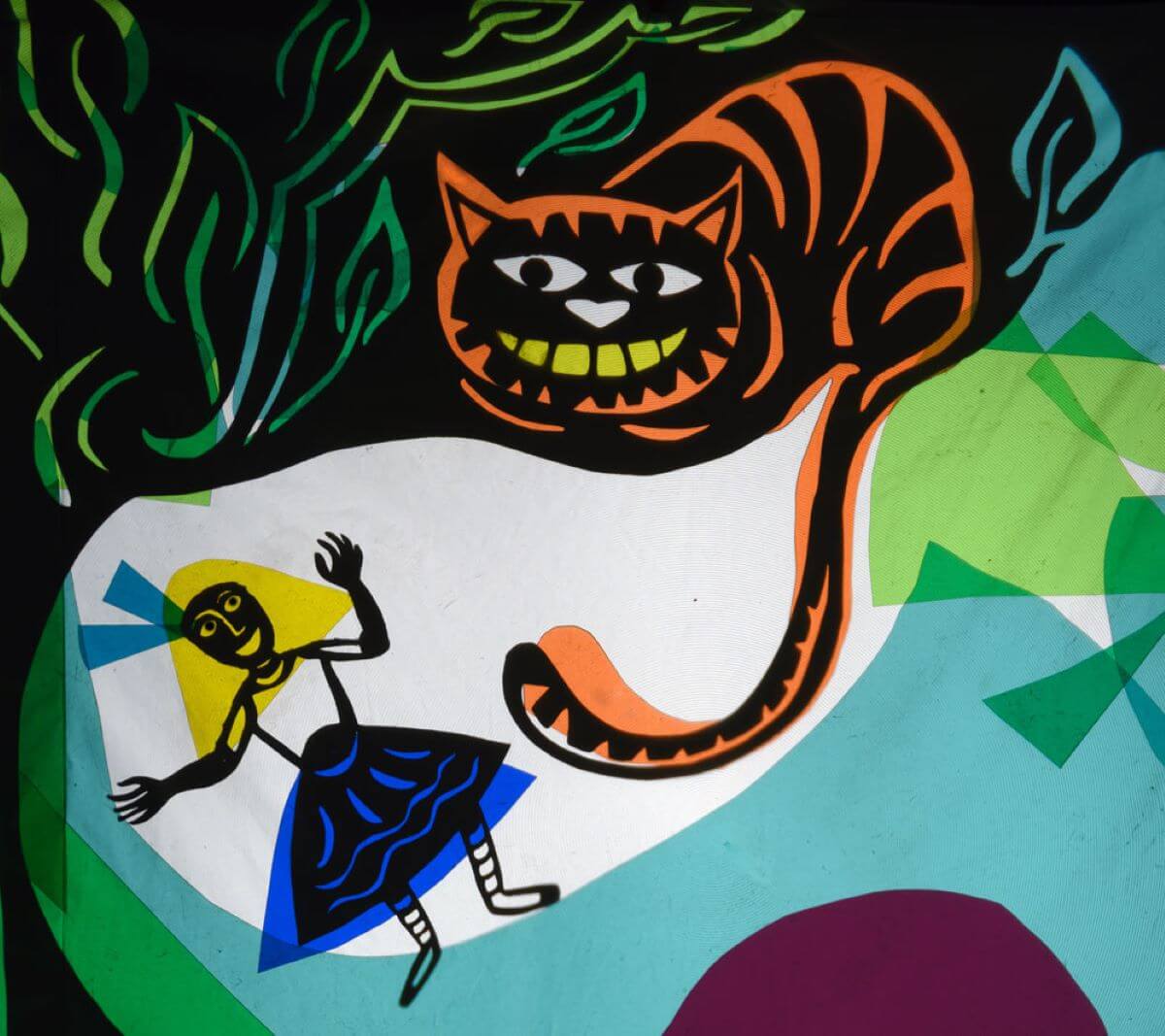 a colourful cartoon version of Alice and the Cheshire Cat