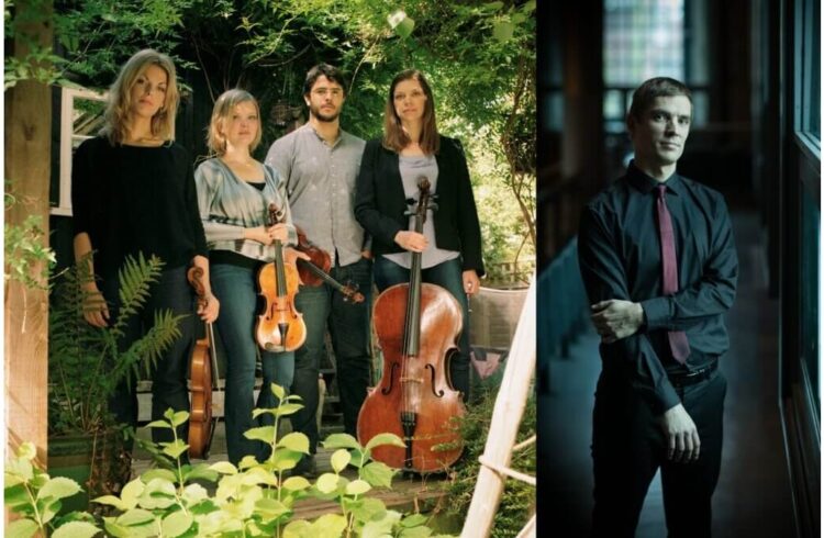 Members of the Chiaroscuro Quartet standing in a garden & Cedric Tiberghien standing indoors wearing a shirt and tie