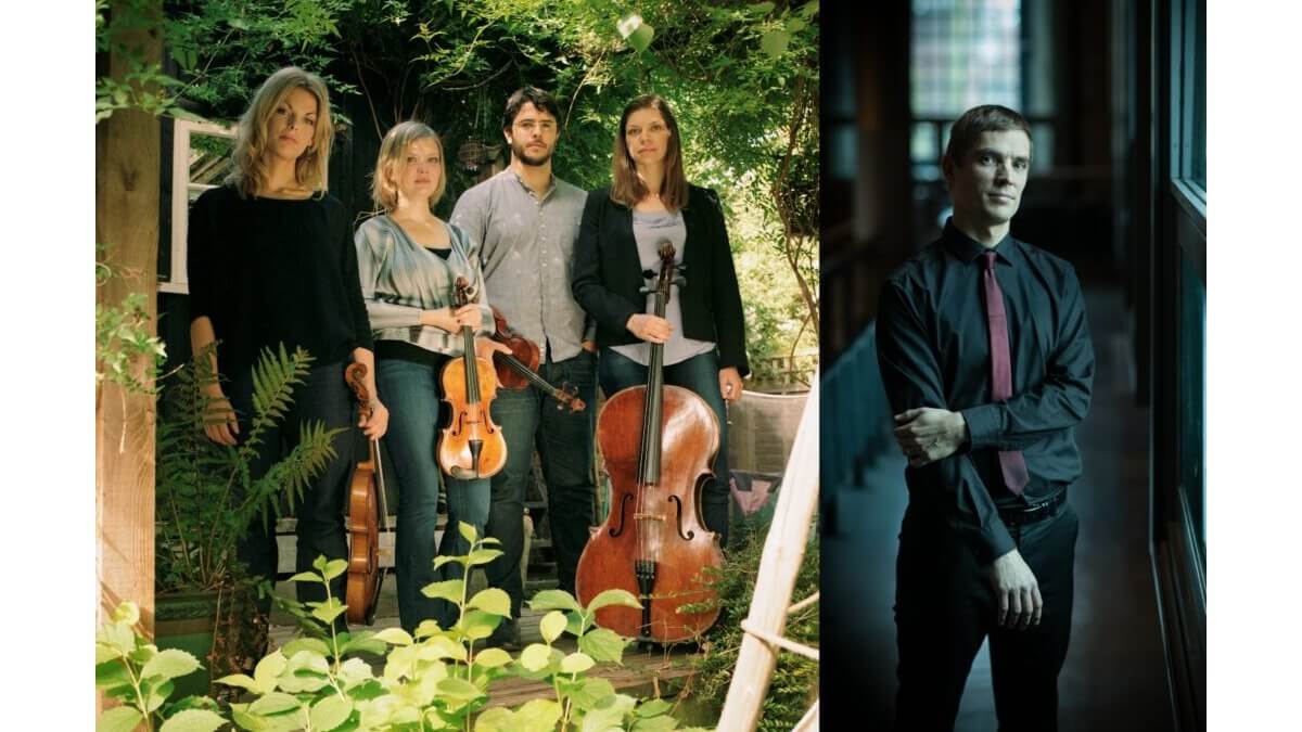 Members of the Chiaroscuro Quartet standing in a garden & Cedric Tiberghien standing indoors wearing a shirt and tie