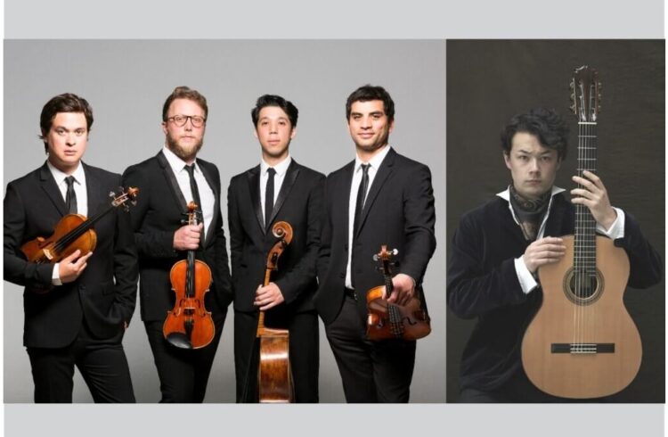 Members of Quatuor Van Kuijk wearing suits and black ties & Sean Shibe seated with guitar