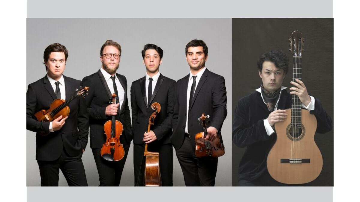 Members of Quatuor Van Kuijk wearing suits and black ties & Sean Shibe seated with guitar