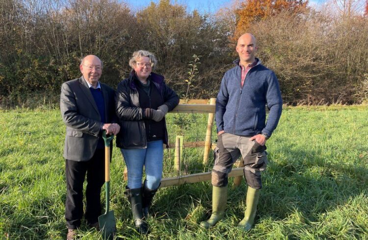 Three people stand near a sapling in an orchard