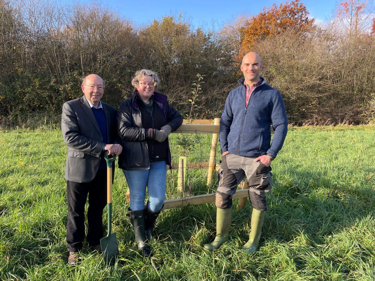 Three people stand near a sapling in an orchard