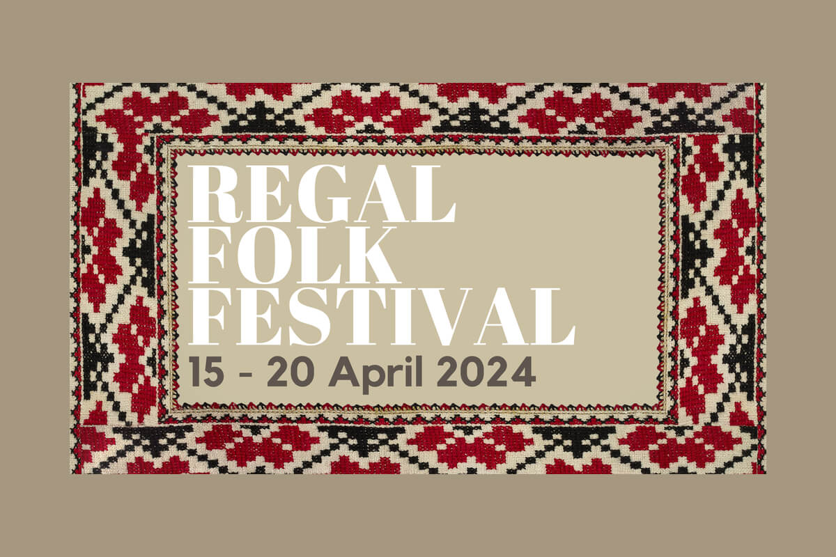 Regal Folk Festival in white on a beige background with a red pattern around the outside