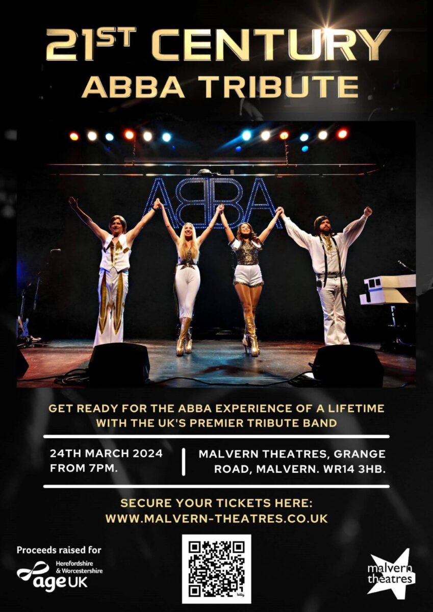 Black poster with gold writing and a picture of an abba tribute band