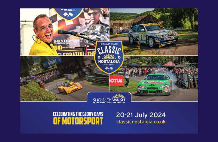 Poster for Classic Nostalgia - 3 photos of racing cars, 1 photo of the commentator.