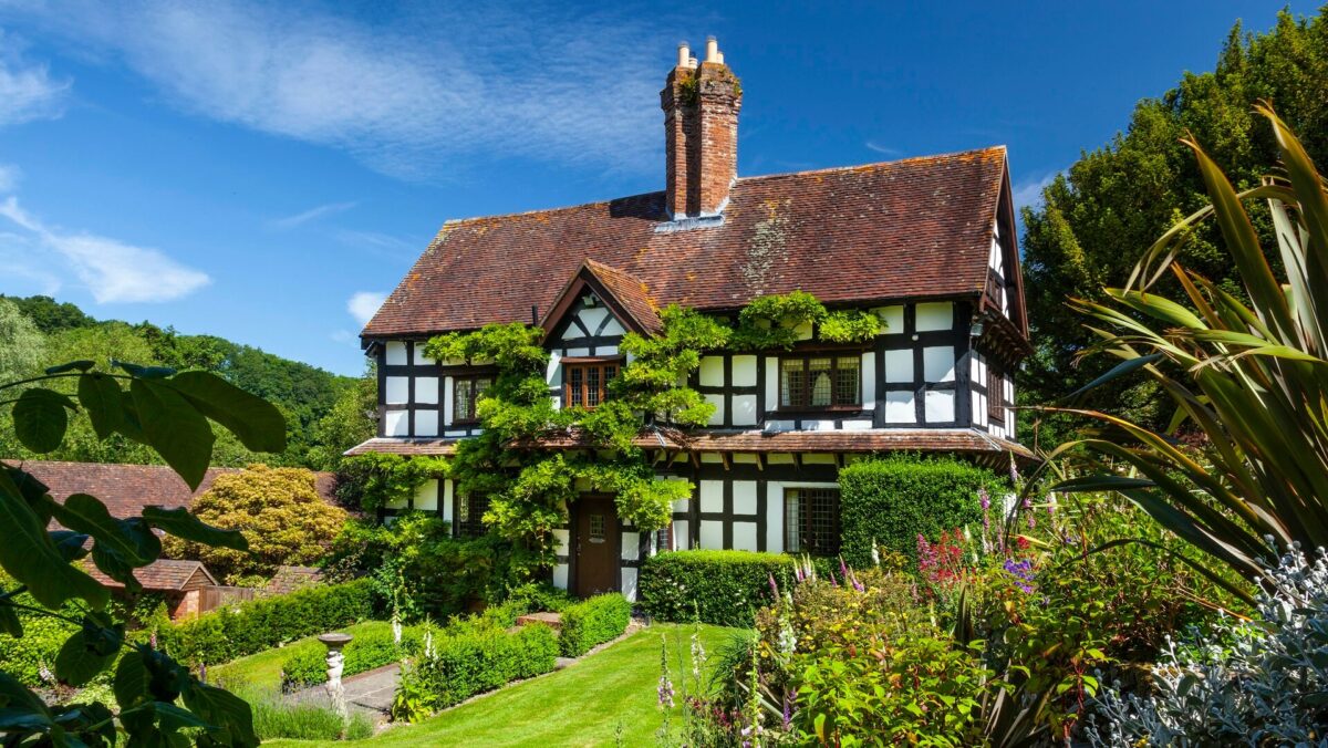 Exterior of the Elizabethan house surrounded by gardens