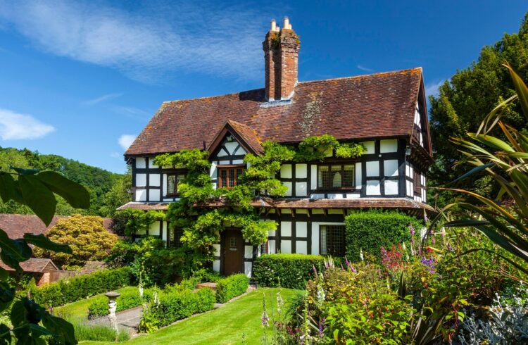 Exterior of the Elizabethan house surrounded by gardens