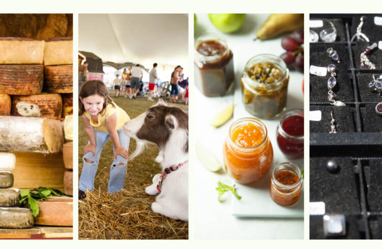 Images of piles of cheese, a girl and a goat, homemade jam in jars and silver jewellery