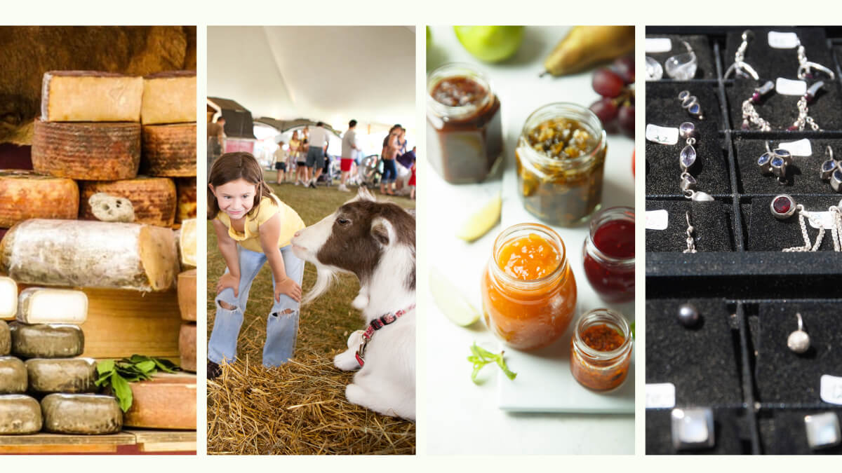 Images of piles of cheese, a girl and a goat, homemade jam in jars and silver jewellery