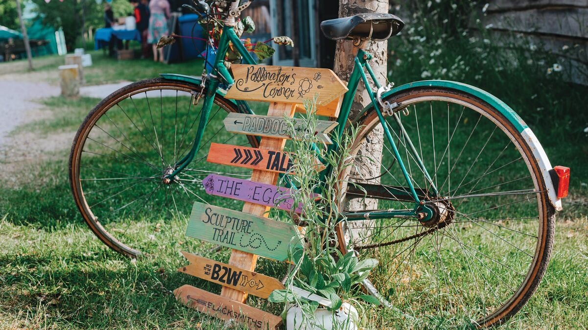 A bicycle standing against a tree with various directional arrows in front of it