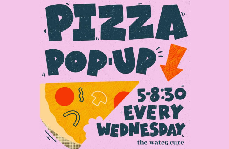 Pizza pop-up - 5pm - 8.30pm Wednesday (purple background with stylised image of a pizza slice)