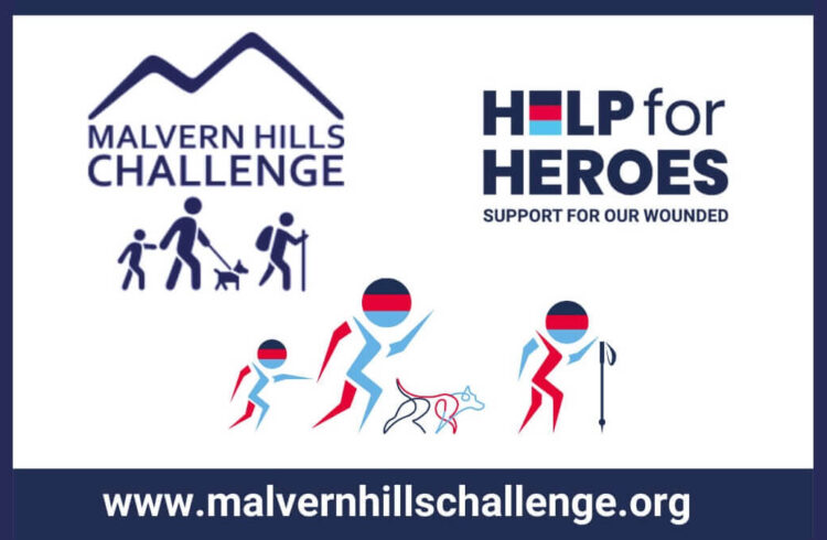 Malvern Hills Challenge for Help For Heroes - depicts outline of Malvern Hills and six walkers with two dogs