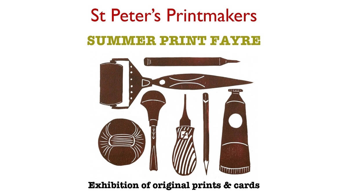 An image showing various printing tools with text 'St Peter's Printmakers - Summer Print Fayre' above