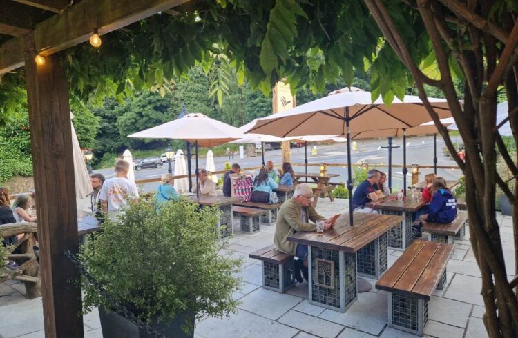 A restaurant outdoor patio seating area