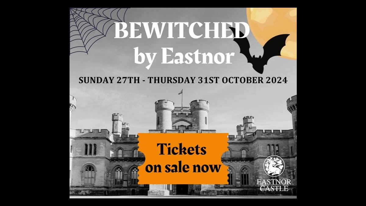 Text 'Bewitched by Eastnor' above photo of Eastnor Castle with bat and spider's web