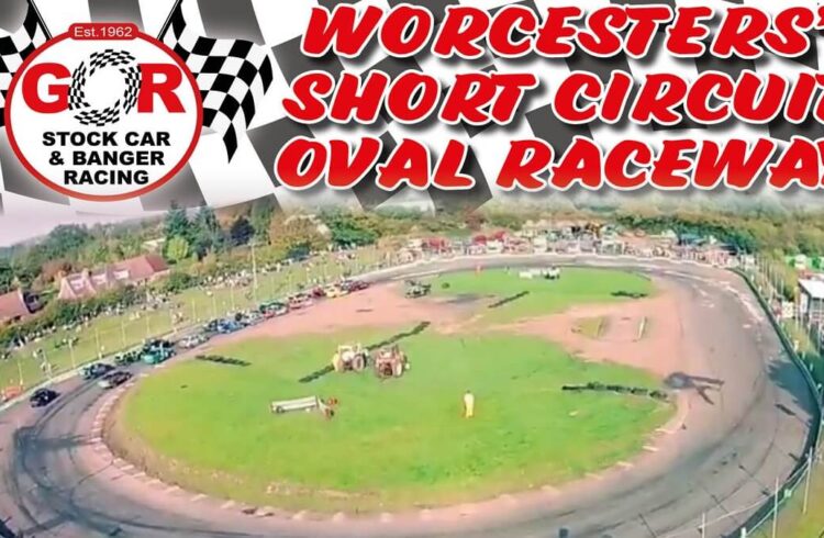 Text 'Worcester's Short Circuit Oval Raceway' above aerial photo of oval racing track with grassy area in centre