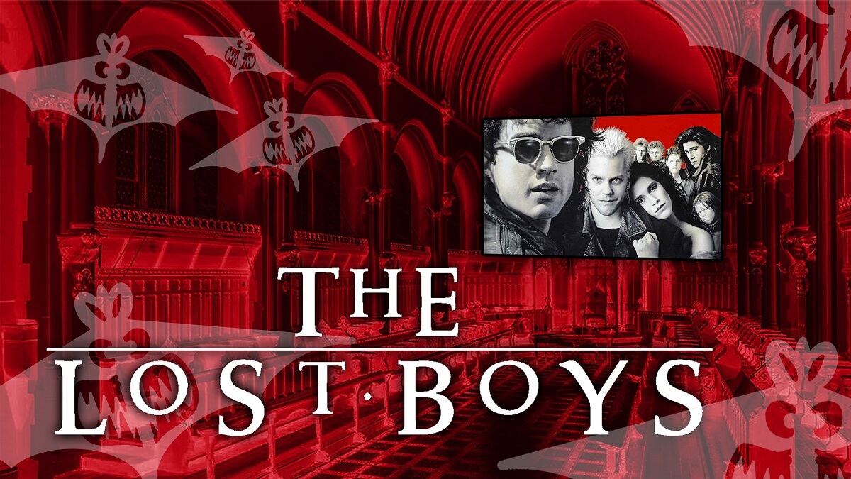 Poster for The Lost Boys film screening with eight characters shown on screen