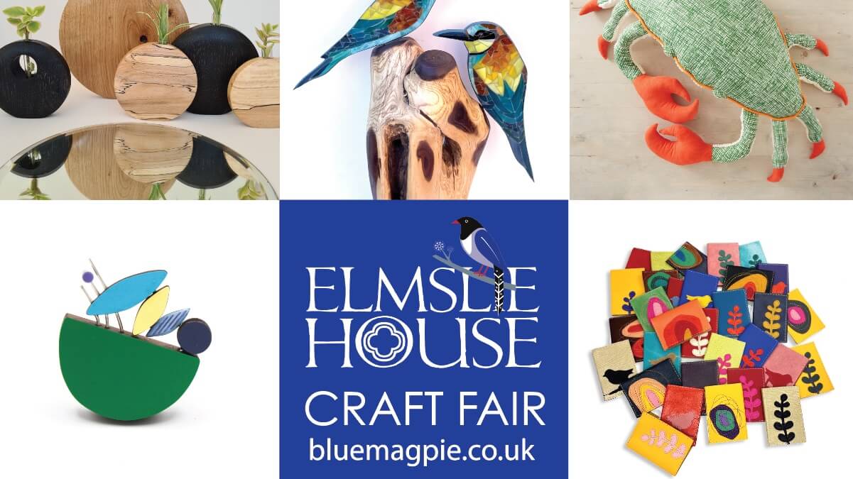 Examples of the type of work available at the Blue Magpie Craft Fair, including wood, glass and fabric items