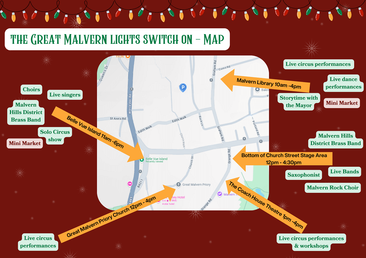 A map showing locations of events on the day